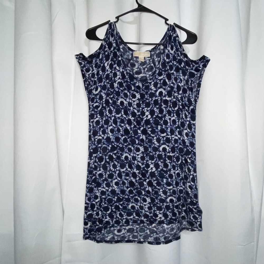 Michael Kors Cold Shoulder Blouse Womens Small Geometric Rings Design Chic Blue